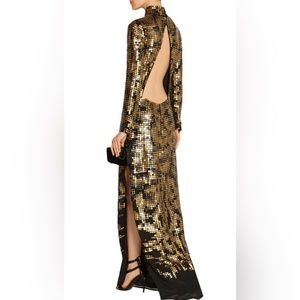 ROBERTO CAVALLI GOWN: open back, sequins, silk, animal print, slit, maxi, formal